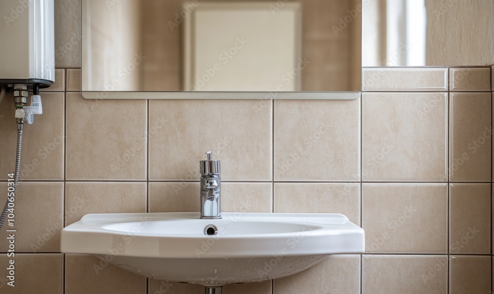 Closeup water heater in a modern bathroom with mirror and washbasin sink Closeup water heater in a modern bathroom with mirror and washbasin sink