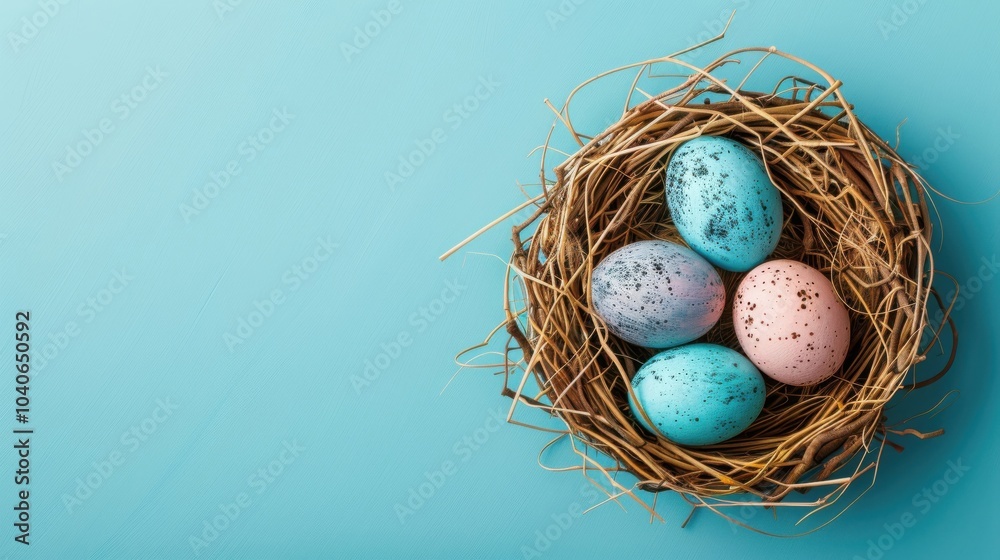 Fototapeta premium Easter Holiday Greeting Card: Flat Lay of Pastel Eggs in a Bird Nest on a Vibrant Blue Background, with Copy Space