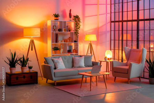 Living room interior, with sofa, chair, table, and nightlighting lamps. photo