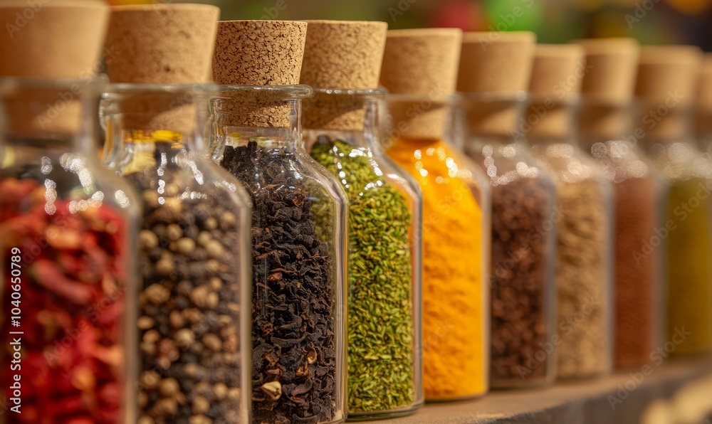 Colorful spices are filling small glass jars with cork bungs