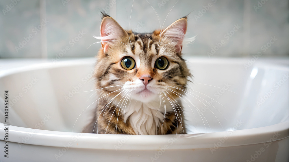 Puppy cat in the bathtub on white background. An Attractive girl relaxing in bath on light background. Pet grooming. Cute cat with tools for animal bathing, hygiene. Pet care salon. Puppy cat in the bathtub on white background. An Attractive girl relaxing in bath on light background. Pet grooming. Cute cat with tools for animal bathing, hygiene. Pet care salon.