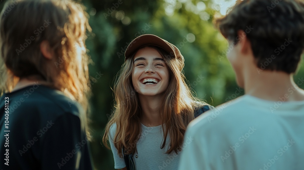 Three young friends laugh together outdoors in the summer. Three young friends laugh together outdoors in the summer.