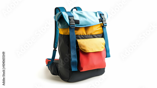 A multi-colored backpack with a blue strap. Isolated on white background, -