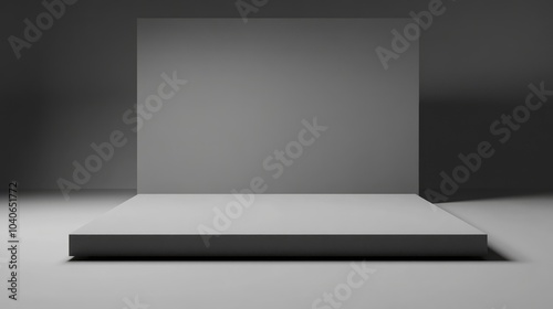 3D studio setup featuring a gray platform against a gray backdrop designed to emphasize empty space for showcasing products