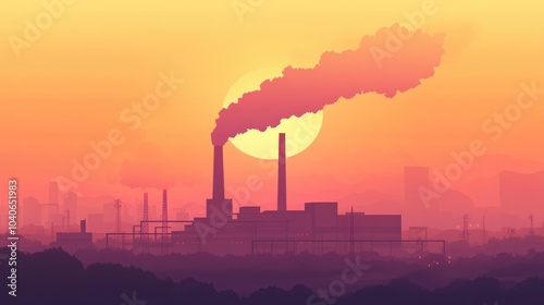 Panoramic Aerial View Of Large Industrial Factory Producing Steel Products Large Smokestack Chimney Emitting Smoke Over Landscape During Sunset photo