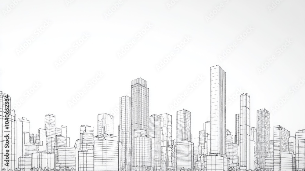Fototapeta premium Line art depiction of a modern skyscraper building complex within an urban skyline Artistic representation of architectural design in a cityscape