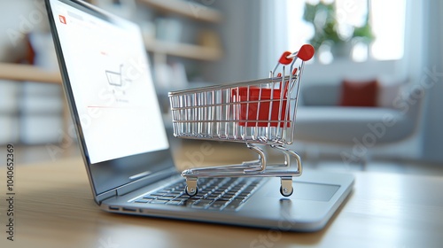 Choosing products from the internet and placing them in a shopping cart on a wood table while doing online shopping.