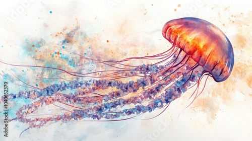 Colorful watercolor illustration of a jellyfish featuring a hand painted medusa design photo