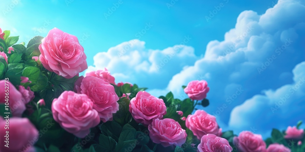 Lush green foliage adorned with vibrant pink roses set against a blue sky dotted with clouds A stunning display of pink blooms in a summer garden Lush green foliage adorned with vibrant pink roses set against a blue sky dotted with clouds A stunning display of pink blooms in a summer garden