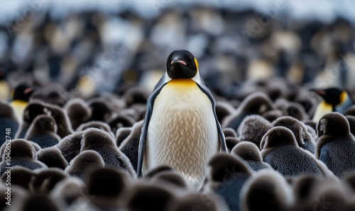 Antarctica Snow Hill Solitary adult emperor penguin amidst colony