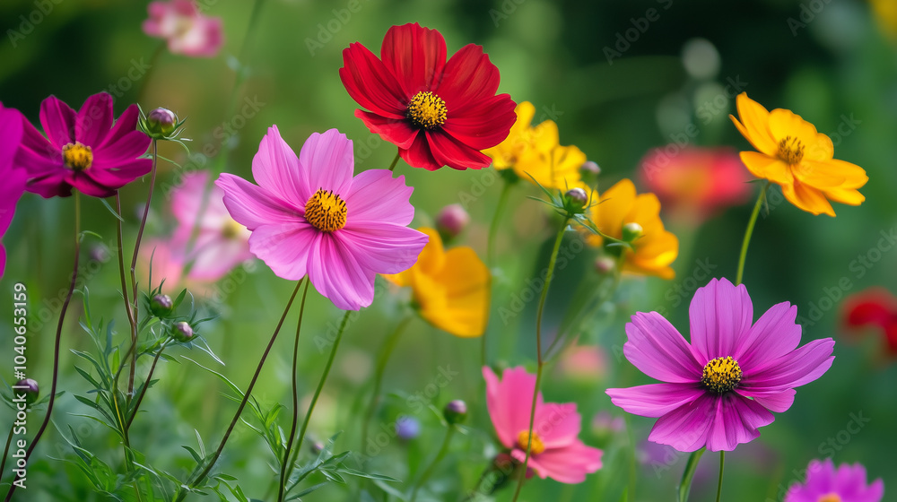 A park scene featuring a meadow of pink cosmos flowers, highlighted by backlighting, surrounded by wildflowers.
