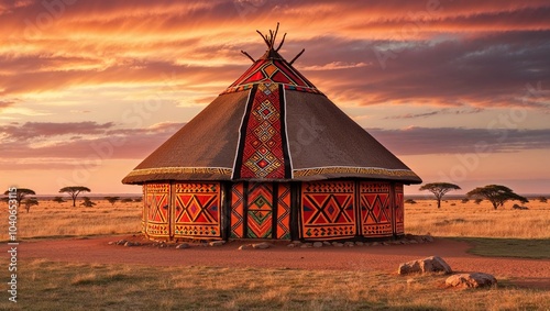 Vibrant Traditional African Roundhouse Against a Stunning Sunset Landscape for Cultural and Architectural Representation photo