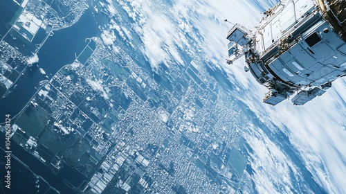 A detailed view of a satellite-based Earth observation camera sensor, capturing detailed environmental data, Remote sensing technology style
