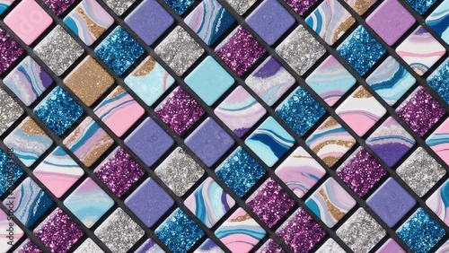 stylish background with geometric pattern consisting of diamond-shaped tiles arranged in a grid. Each tile has a special texture and color, with shiny textures in silver, blue and purple