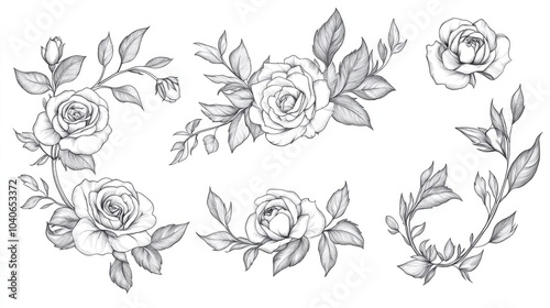 Wallpaper Mural Rose Line Art Floral Frames and Bouquets Illustrated in Fine Lines Hand Drawn Outline of Leaves and Flowers Botanical Coloring Page Featuring Isolated Roses and Peonies Torontodigital.ca
