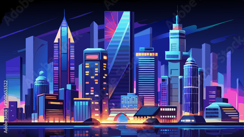 Colorful futuristic city skyline at night with glowing buildings and reflections on water