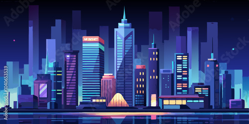 Vibrant futuristic city skyline at night showcasing illuminated buildings and reflections on calm water