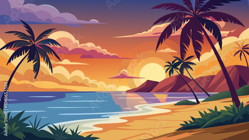 Colorful sunset over a tranquil beach with palm trees and gentle waves lapping at the shore in a serene coastal paradise