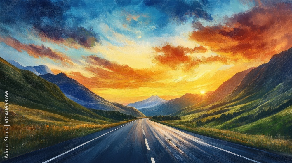 Oil painting of a highway landscape featuring a vibrant sunset showcasing a mountain road scene at dusk with lush green mountains ideal for summer travel themes