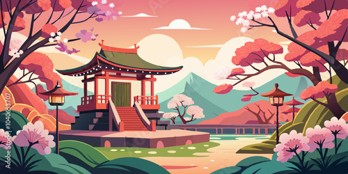 Serene traditional Asian pavilion surrounded by cherry blossoms during a sunset in a tranquil mountainous landscape