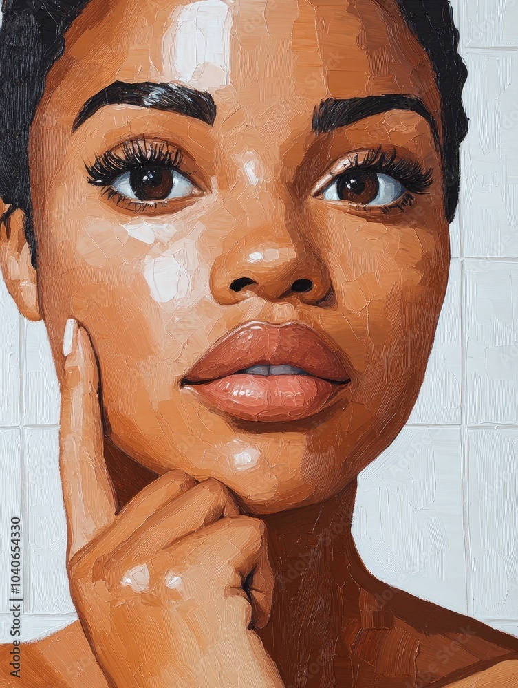 Fototapeta premium Natural Beauty An Attractive Black Woman Touches Her Chin and Looks at the Camera in a Bathroom Embracing Her Smooth Skin After a Skincare Routine