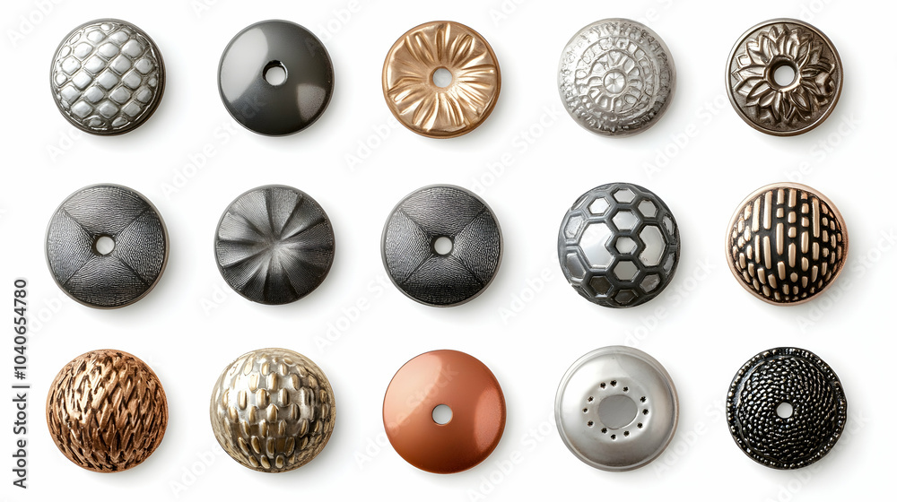 Collection of metallic buttons with various patterns. Isolated on white background,  -