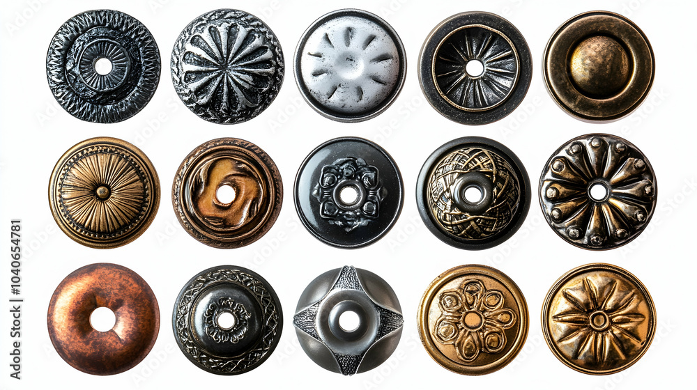 Fototapeta premium Collection of metallic buttons with various patterns. Isolated on white background, -