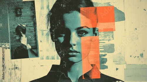 Collage elements featuring a true crime and mysterious disappearance theme designed in a modern grunge style with halftone effects