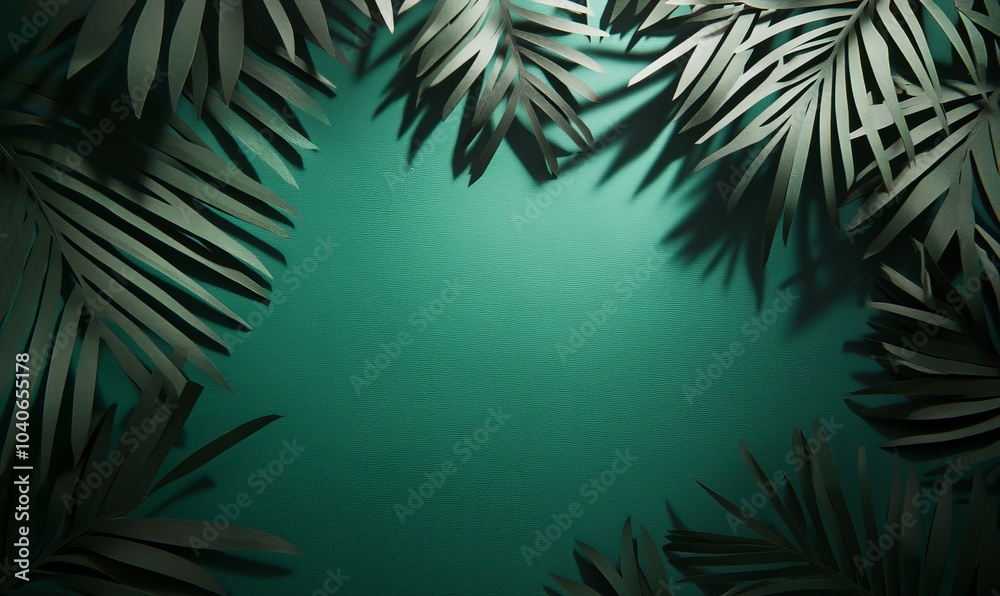 Exotic palm leaves shadows on dark green paper background, lush silhouettes texture, abstract defocused backdrop for product placement Exotic palm leaves shadows on dark green paper background, lush silhouettes texture, abstract defocused backdrop for product placement