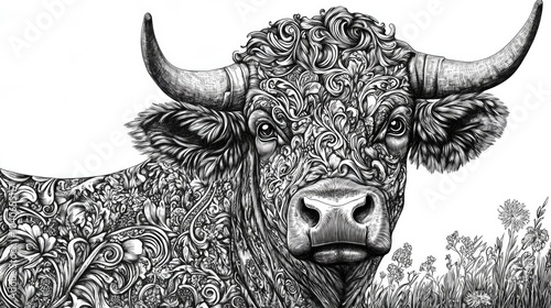 Black Angus cattle depicted in intricate hand drawn engraving style illustrations photo