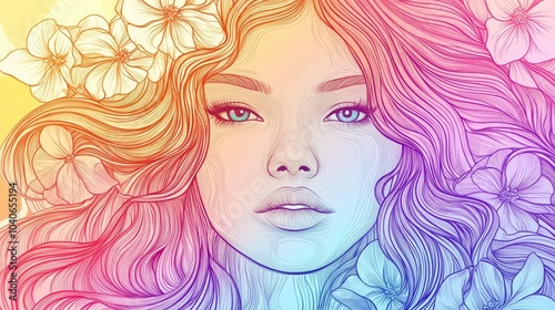 Colorful line art illustration featuring the face of a beautiful girl with long curly floral hair set against a vibrant backdrop in graphic and watercolor style