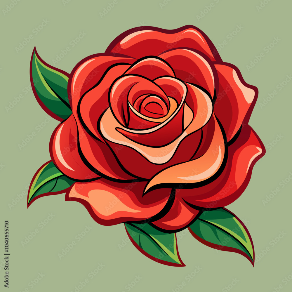 A beautifully detailed digital vector illustration of a single rose in full bloom, featuring intricate layers of soft, delicate petals. The petals gradually transition from a deep, velvety red at the A beautifully detailed digital vector illustration of a single rose in full bloom, featuring intricate layers of soft, delicate petals. The petals gradually transition from a deep, velvety red at the