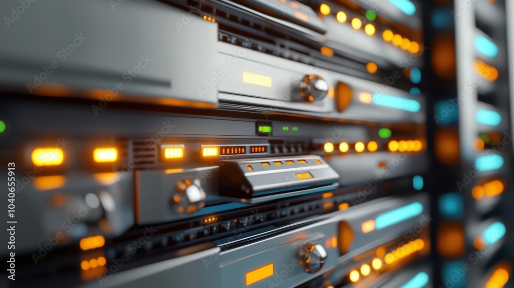 Naklejka premium Rack LED console in server room data center. Stock image.