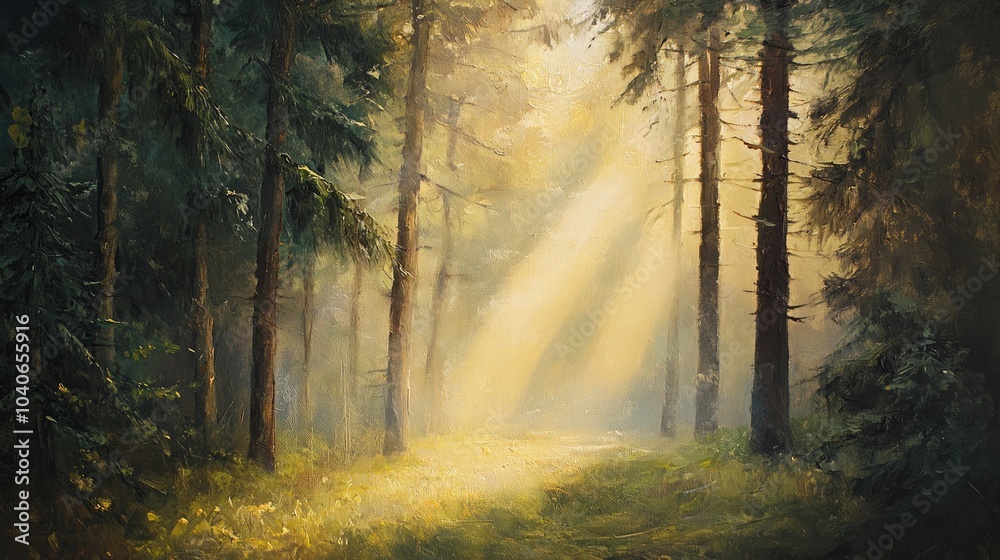 Naklejka premium Oil painting of a serene forest featuring spruce trees where sunbeams filter through fog creating an enchanting and mystical ambiance