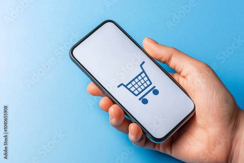 Wallpaper Mural A hand holding a smartphone with a shopping icon. Online shopping. Torontodigital.ca