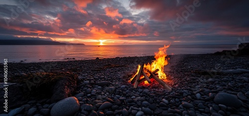 A bonfire on a pebbled beach at sunset.