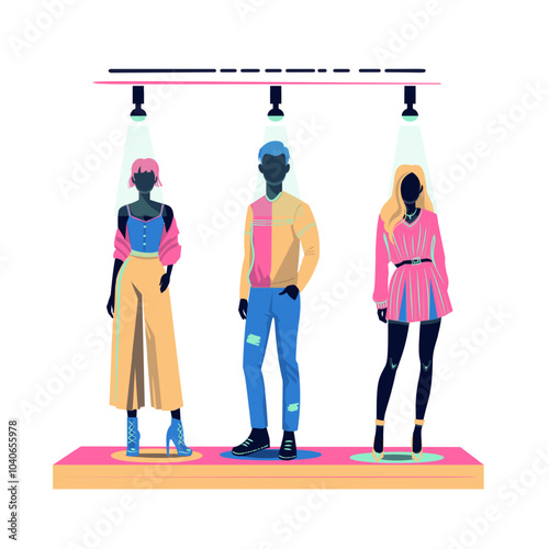 Stylized fashion mannequins display showcase in boutique. Modern flat illustration scene.