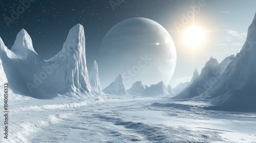 Futuristic icy planet scenery Sci fi space environment backdrop Sleek white future setting photo