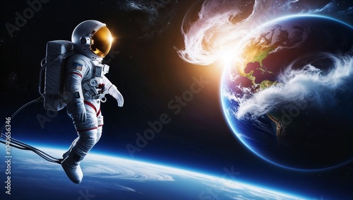 Outer space view with an astronaut and Earth visible