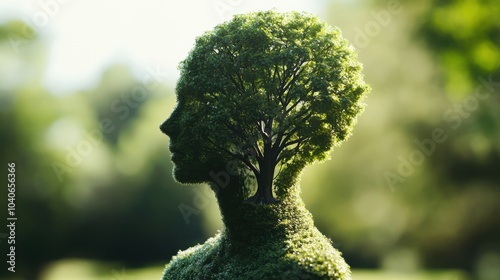 A symbolic image of a person with a tree growing from their head, representing growth and wisdom in modern life, Park scene photo