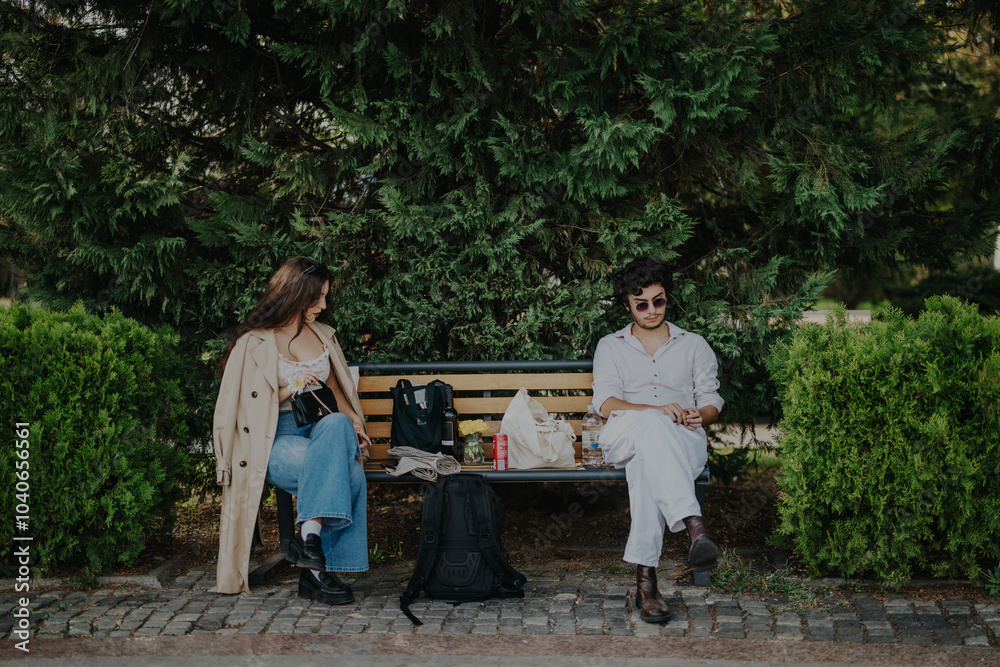 Two friends enjoy a leisurely day, seated on a park bench surrounded by greenery. They are relaxed and engaged in light conversation, appreciating the tranquil outdoor environment. Two friends enjoy a leisurely day, seated on a park bench surrounded by greenery. They are relaxed and engaged in light conversation, appreciating the tranquil outdoor environment.