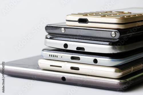 Many mobile phones of different generations and digital tablet on white background. Micro USB and Type-c connectors for charging photo