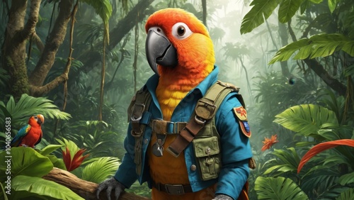 Colorful parrots donning explorer outfits navigate a vibrant jungle at dawn