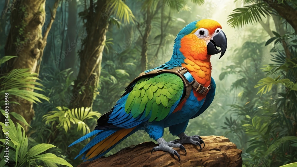 Vibrant parrot perched on a mossy rock amidst the lush greenery of a tropical rainforest Vibrant parrot perched on a mossy rock amidst the lush greenery of a tropical rainforest