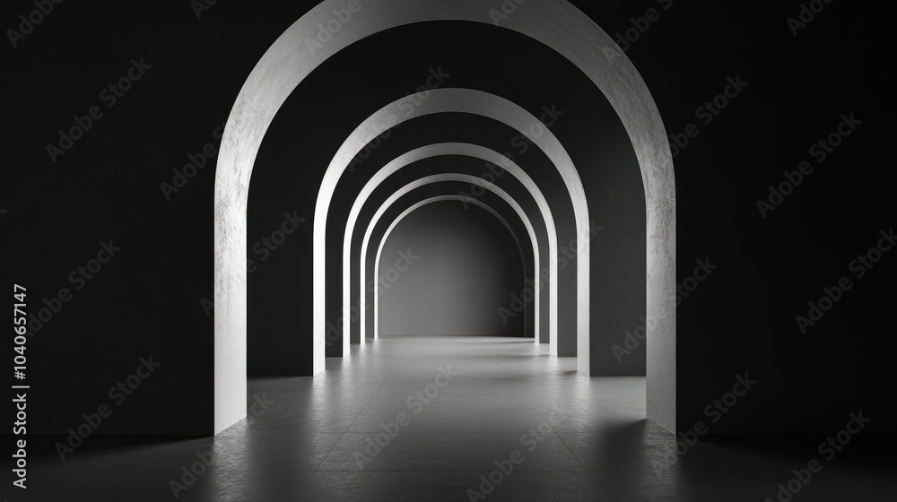 3D rendering of a dramatic black and white archway in a tunnel perspective 3D rendering of a dramatic black and white archway in a tunnel perspective