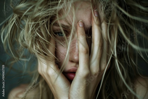 Facepalm woman, disappointment girl, sad covering face with hands, messy hair portrait, overwhelmed people