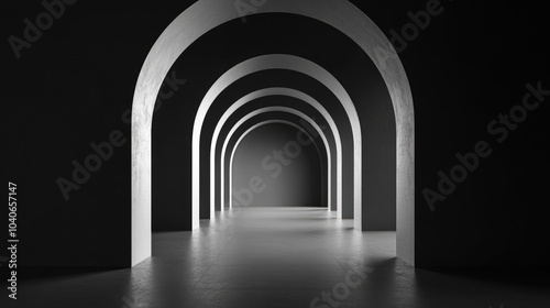 3D rendering of a dramatic black and white archway in a tunnel perspective