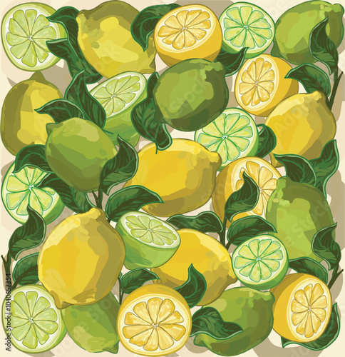 Citrus slices fresh seamless pattern decorated with leaves lemon lime fruit  summer food illustration isolated on white background