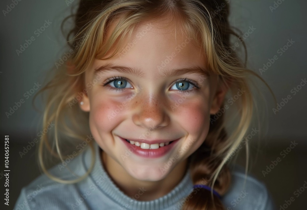 A young Caucasian girl with beautiful eyes and wavy hair stands smiling softly. Her playful demeanor shines through as she poses in a cozy indoor setting in France. Generative AI A young Caucasian girl with beautiful eyes and wavy hair stands smiling softly. Her playful demeanor shines through as she poses in a cozy indoor setting in France. Generative AI
