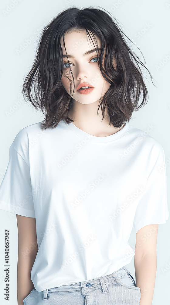 attractive woman modeling a white t-shirt against a light background. White t-shirt mockup. attractive woman modeling a white t-shirt against a light background. White t-shirt mockup.